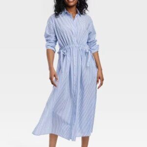 Women Universal Thread Long Sleeve Cinch Waist Maxi Shirtdress Blue Stripe Small